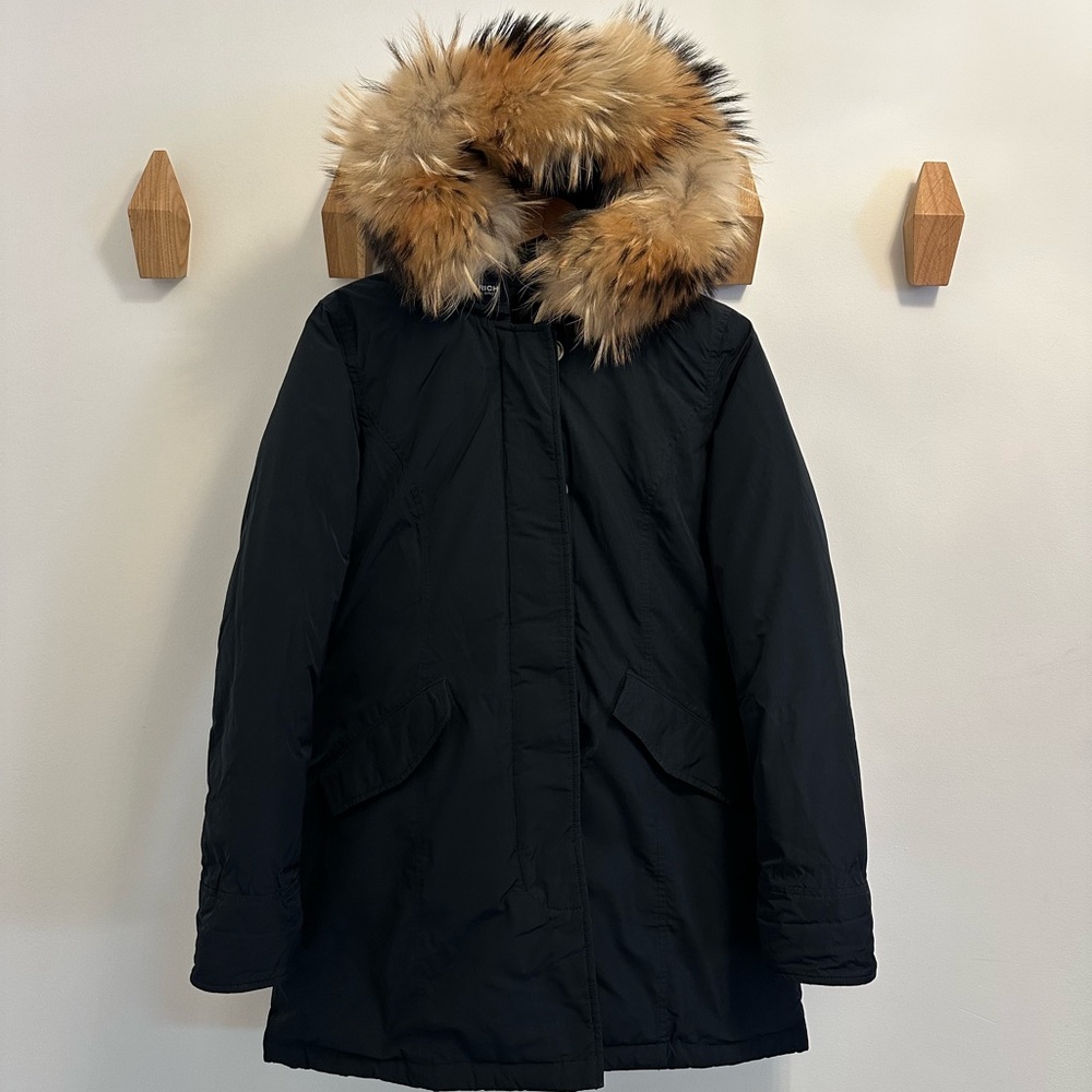Woolrich Black Puffer Coat with Real Fur Artic Parka  -